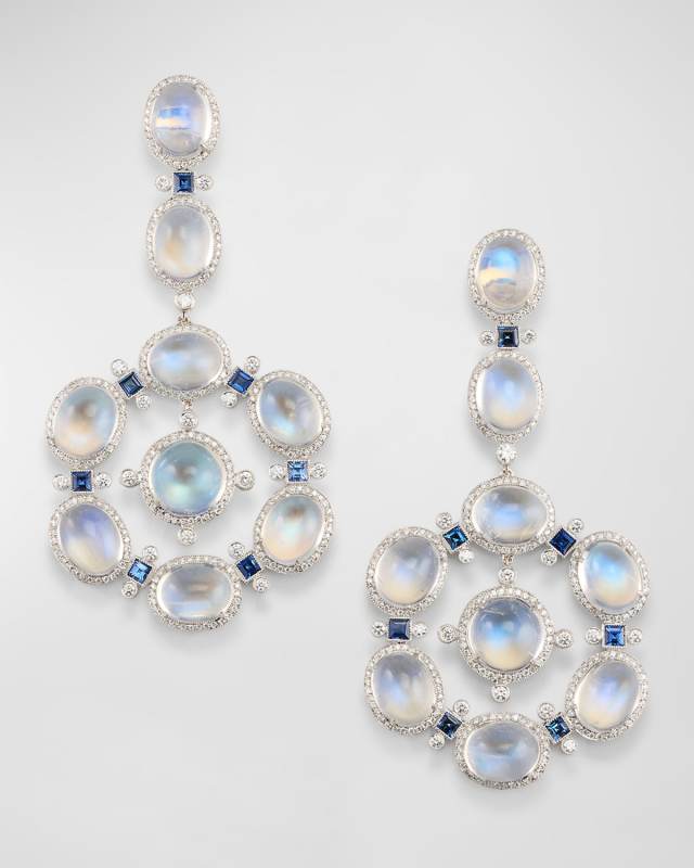 18K White Gold Moonstone, Sapphire, and Diamond Statement Earrings